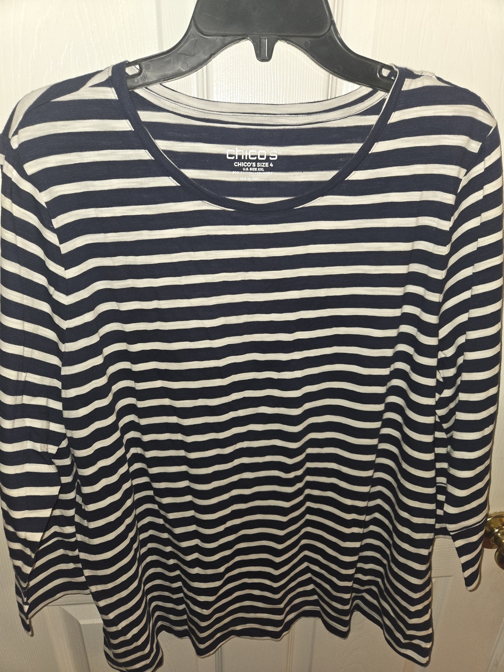 Chico's Women's XXL Size 4 Navy & White Striped 3/4 Sleeves Scoop Neck Top New